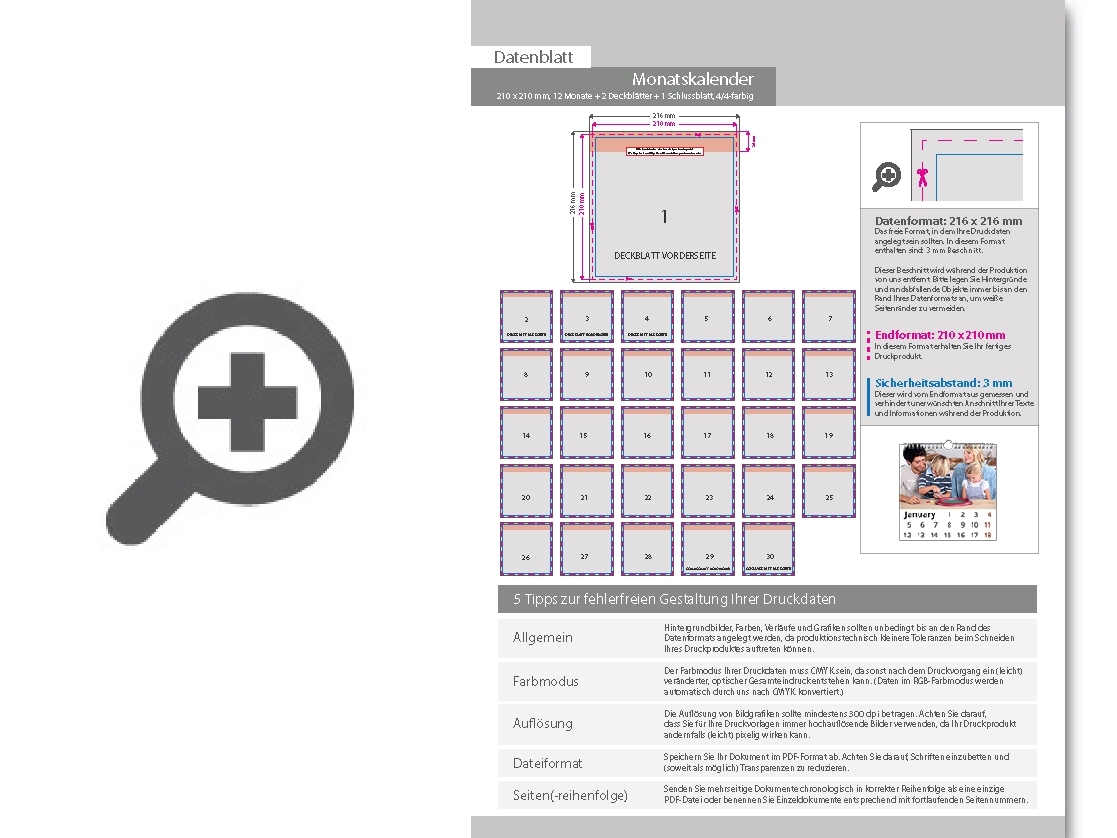 Product Bild monatskalender_15_blatt_(12_monate_+_2_deckbl__tter_+_1_schlussblatt)__beidseitig_bedruckt_4_4_farbig__quadrat_(210_x_210_mm)